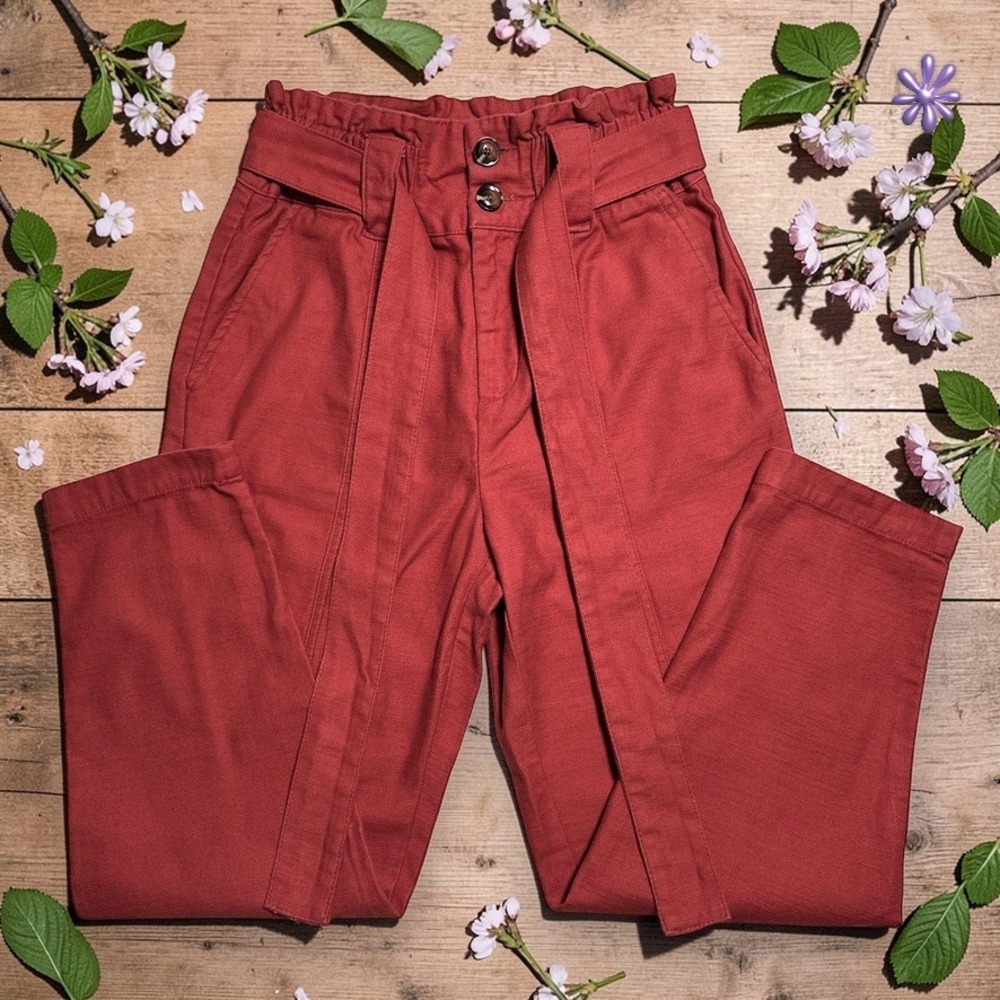 WHO WHAT WEAR Paperbag Waist Pants | Rust Red‎ | Cotton | Belted | Women's 2